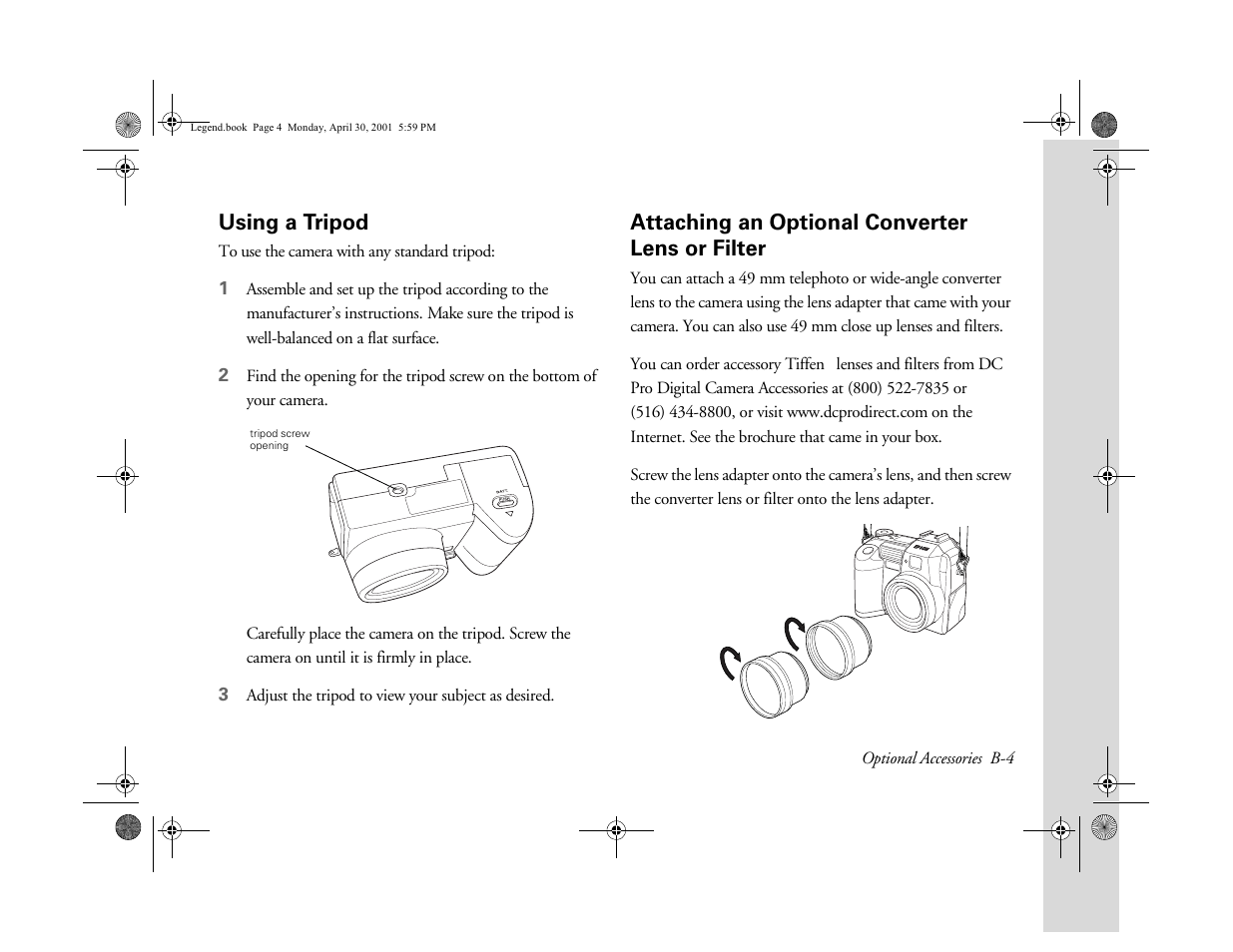 Using a tripod, Attaching an optional converter lens or filter | Epson PhotoPC 3100Z User Manual | Page 157 / 193
