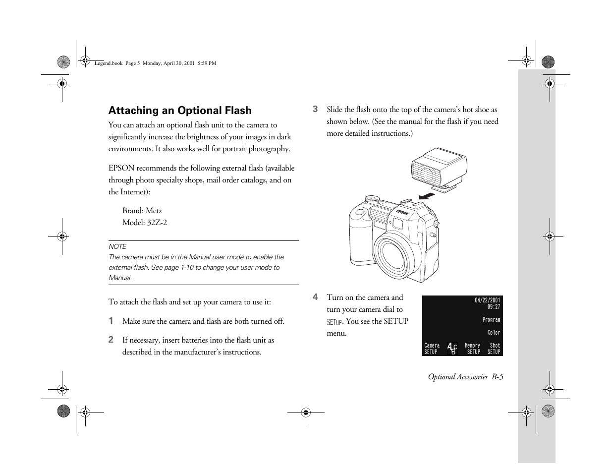 Attaching an optional flash | Epson PhotoPC 3100Z User Manual | Page 158 / 193