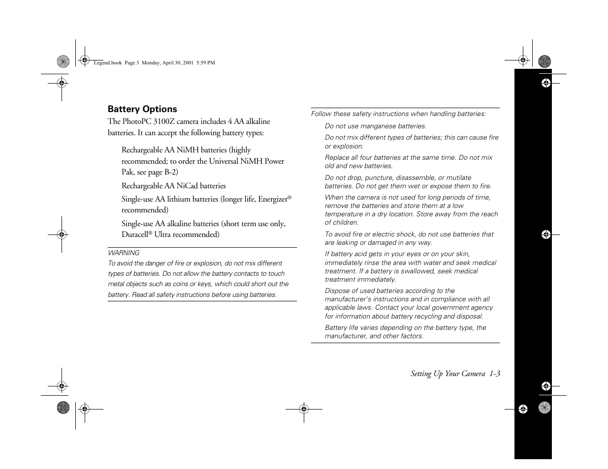 Battery options | Epson PhotoPC 3100Z User Manual | Page 16 / 193