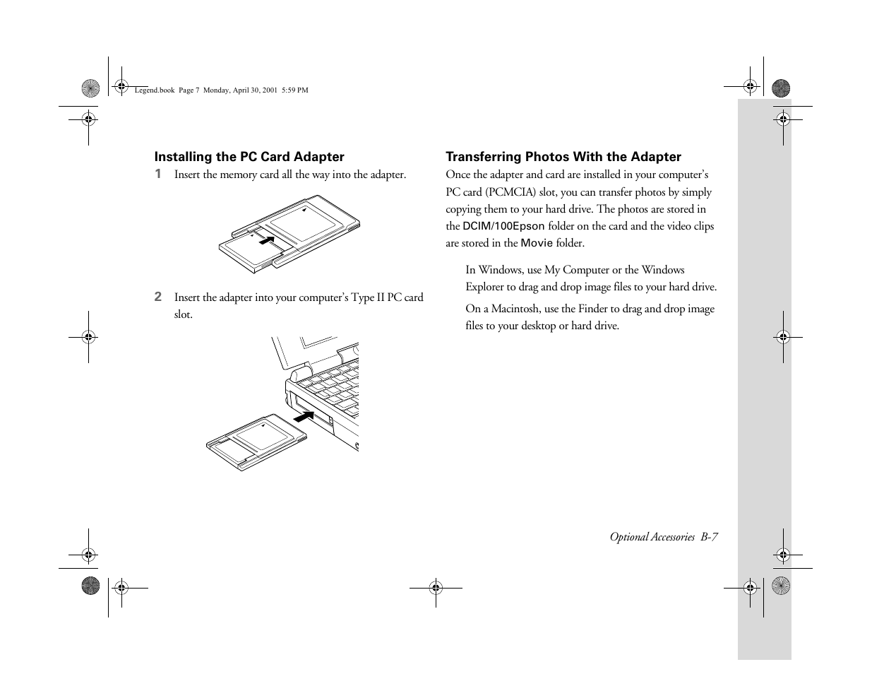 Installing the pc card adapter, Transferring photos with the adapter | Epson PhotoPC 3100Z User Manual | Page 160 / 193