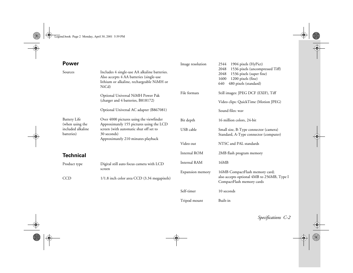 Power, Technical, Power technical | Epson PhotoPC 3100Z User Manual | Page 163 / 193