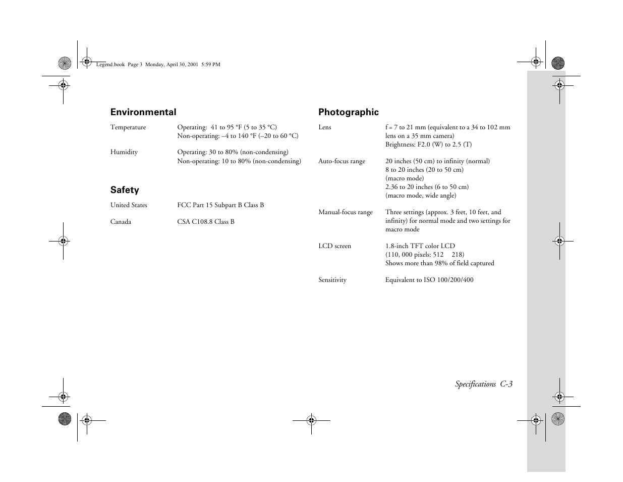 Environmental, Safety, Photographic | Epson PhotoPC 3100Z User Manual | Page 164 / 193