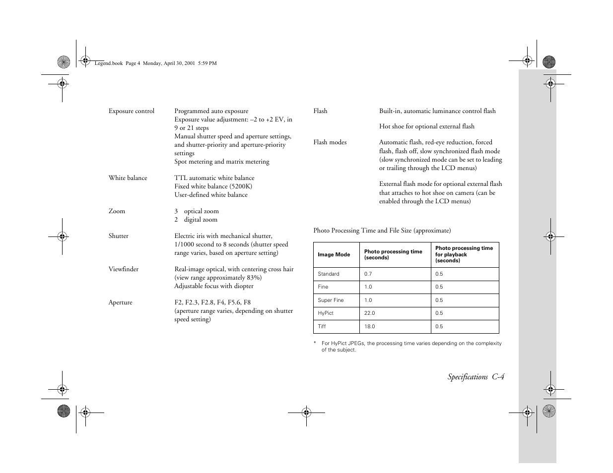 Specifications c-4 | Epson PhotoPC 3100Z User Manual | Page 165 / 193