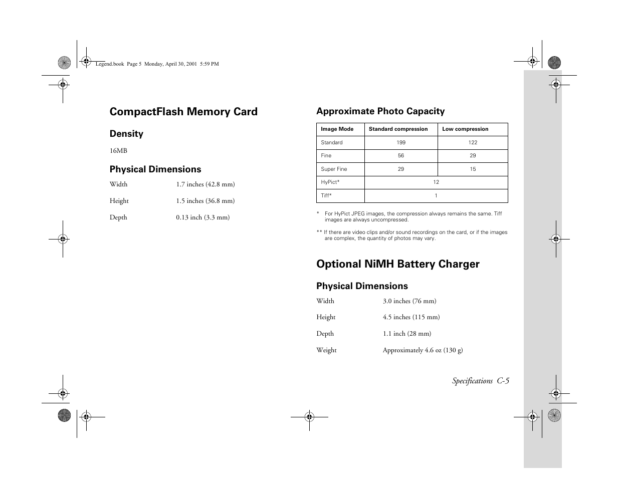 Compactflash memory card, Density, Physical dimensions | Approximate photo capacity, Optional nimh battery charger, Physical dimensions approximate photo capacity | Epson PhotoPC 3100Z User Manual | Page 166 / 193