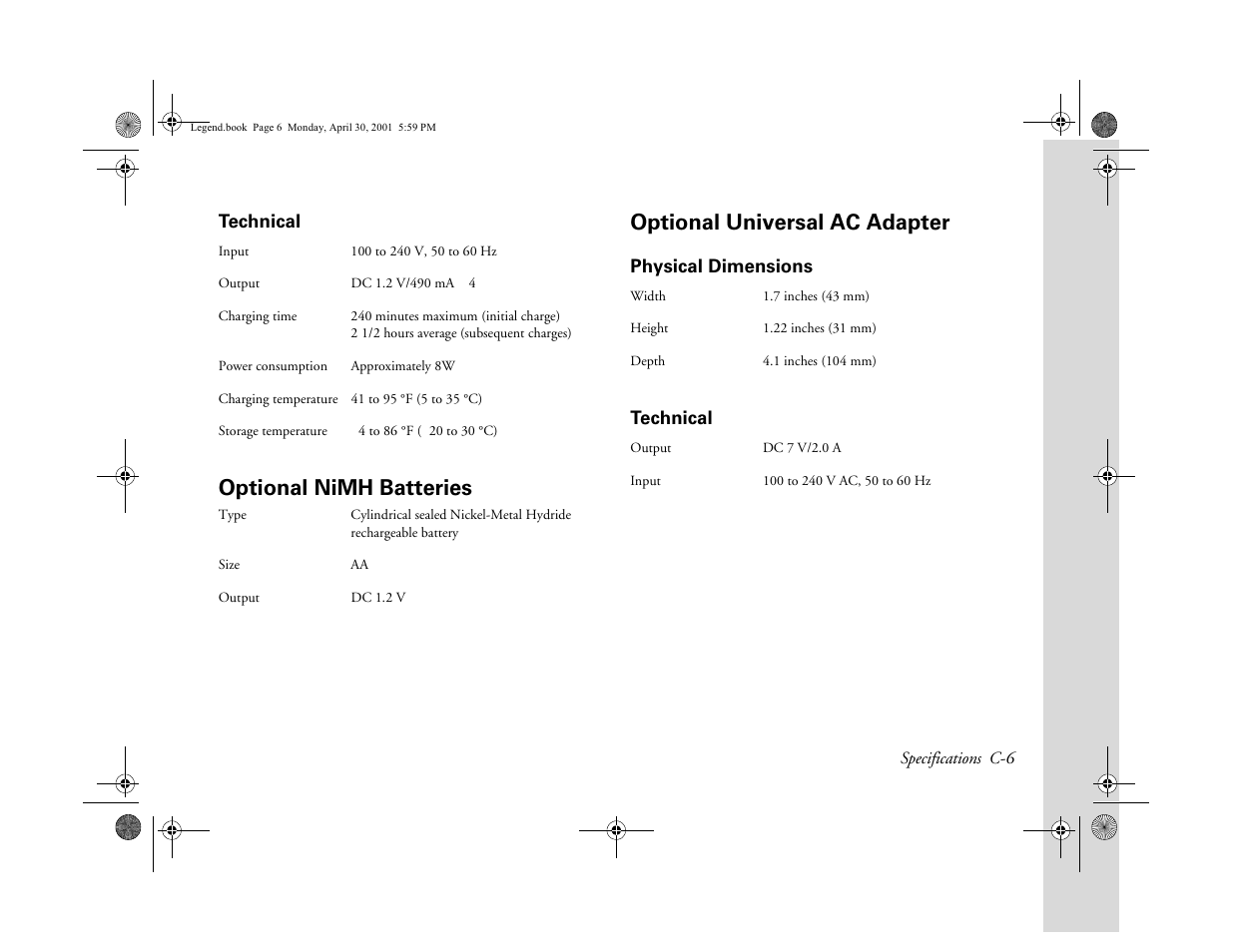 Technical, Optional nimh batteries, Optional universal ac adapter | Physical dimensions | Epson PhotoPC 3100Z User Manual | Page 167 / 193