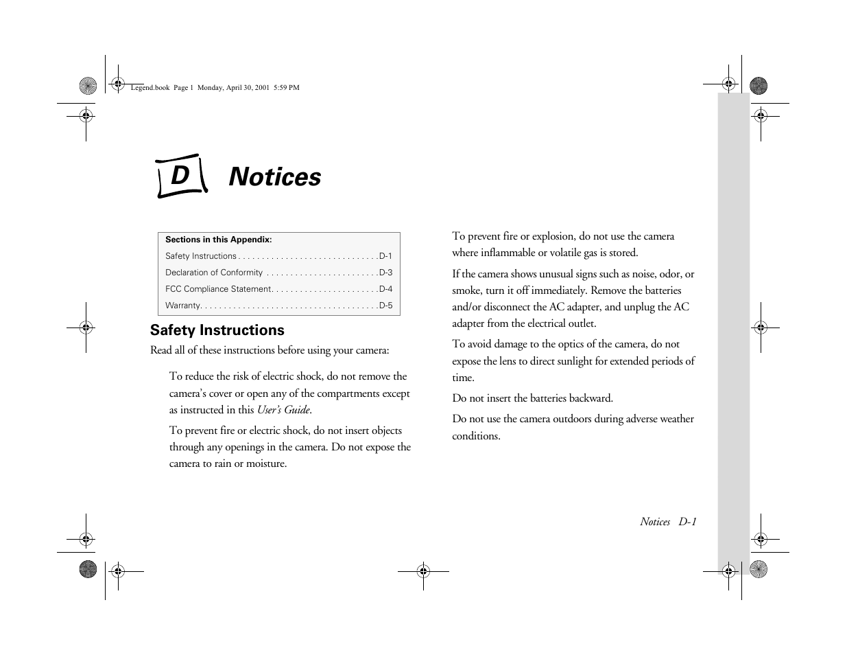 Safety instructions, Appendix d-notices, D notices | Notices, Appendix d, Ab usi ng y o ur camera | Epson PhotoPC 3100Z User Manual | Page 169 / 193