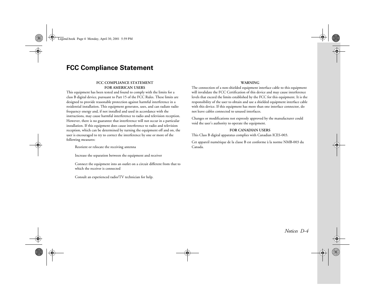 Fcc compliance statement, Notices d-4 | Epson PhotoPC 3100Z User Manual | Page 172 / 193