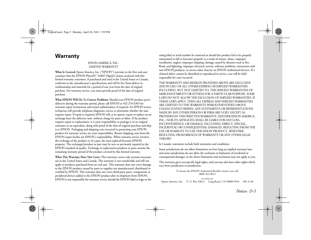 Warranty, Notices d-5 | Epson PhotoPC 3100Z User Manual | Page 173 / 193