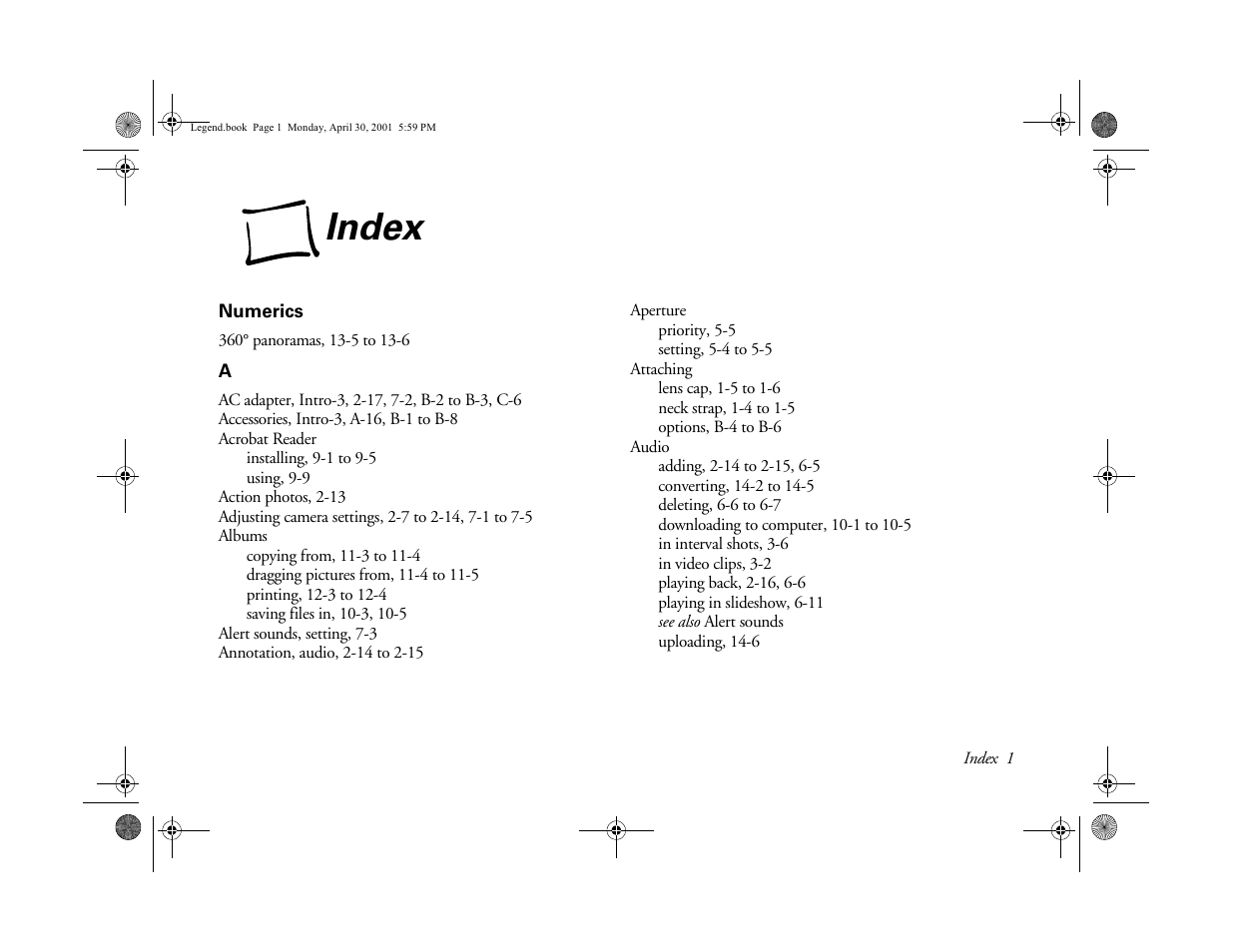 Index, Ere is an index f | Epson PhotoPC 3100Z User Manual | Page 174 / 193
