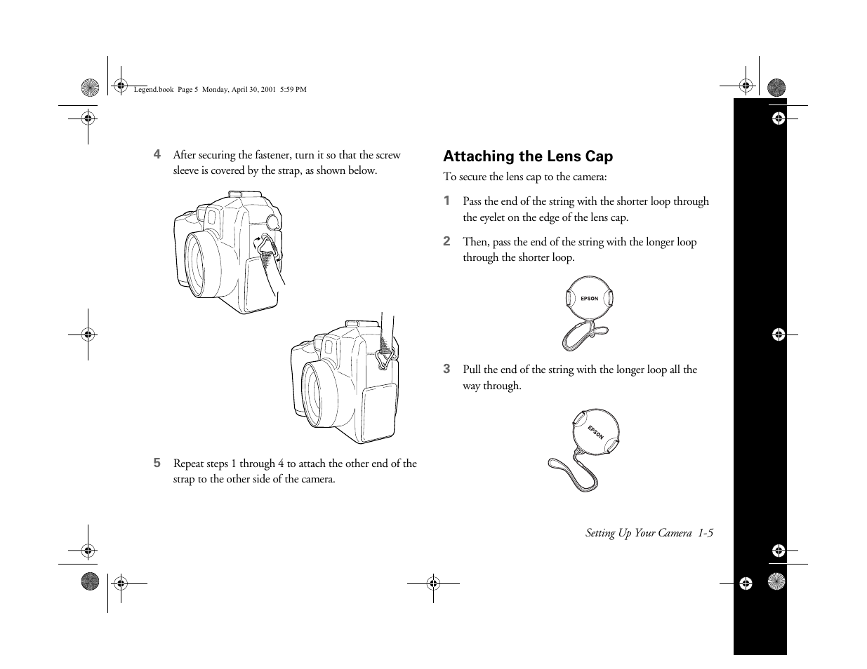 Attaching the lens cap | Epson PhotoPC 3100Z User Manual | Page 18 / 193