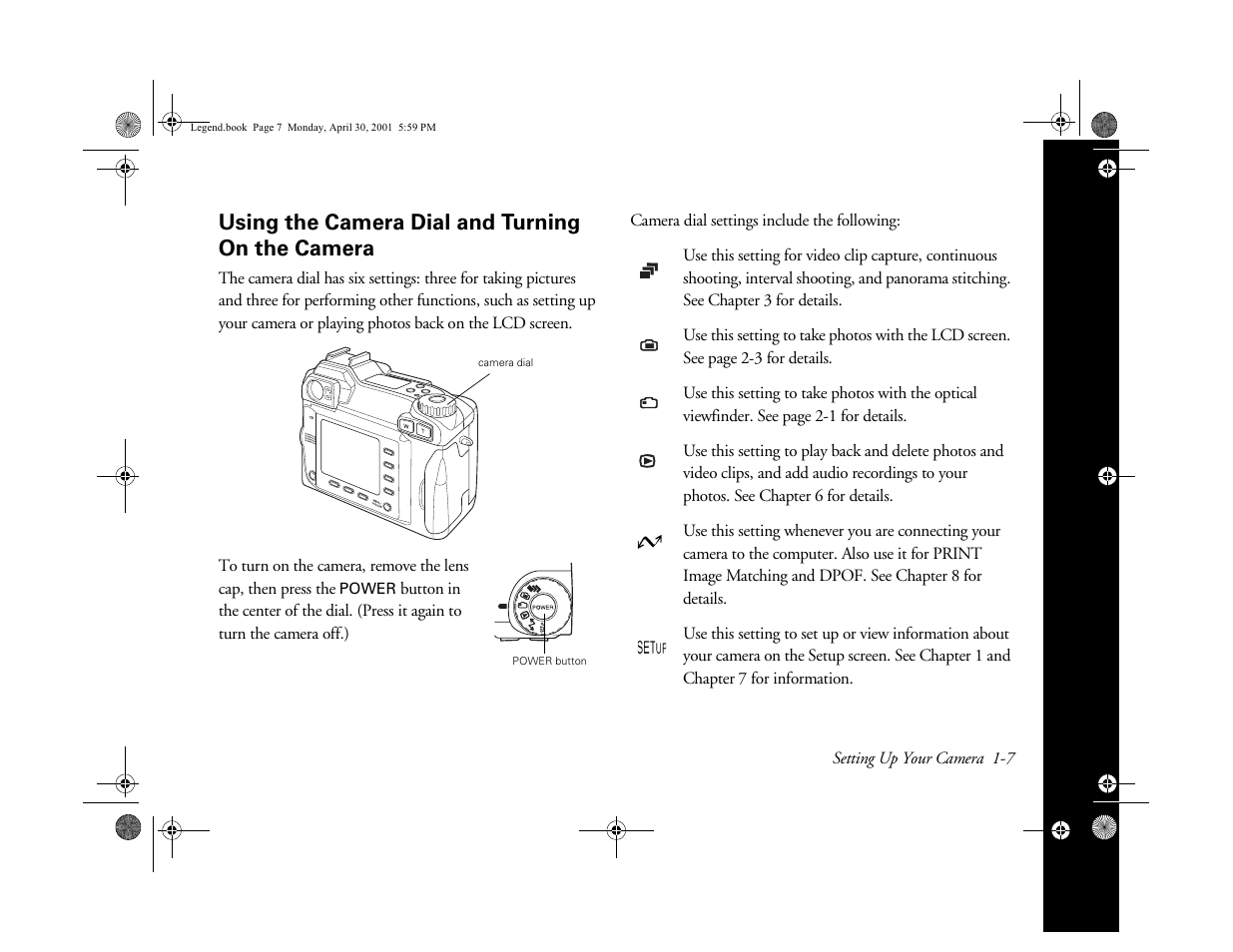 Using the camera dial and turning on the camera, Using the camera dial and turning on, The camera | Epson PhotoPC 3100Z User Manual | Page 20 / 193