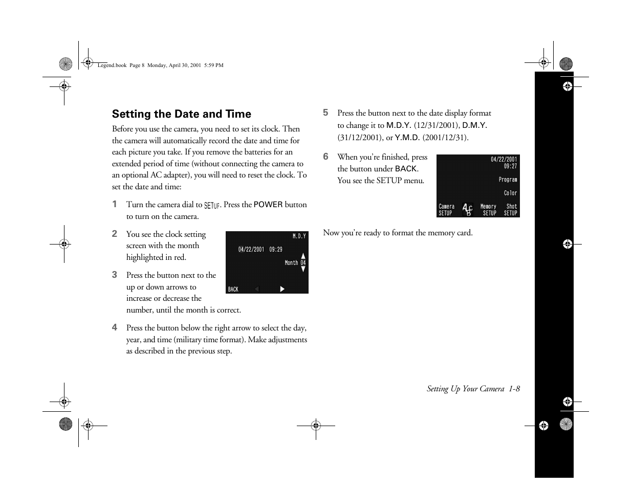 Setting the date and time | Epson PhotoPC 3100Z User Manual | Page 21 / 193