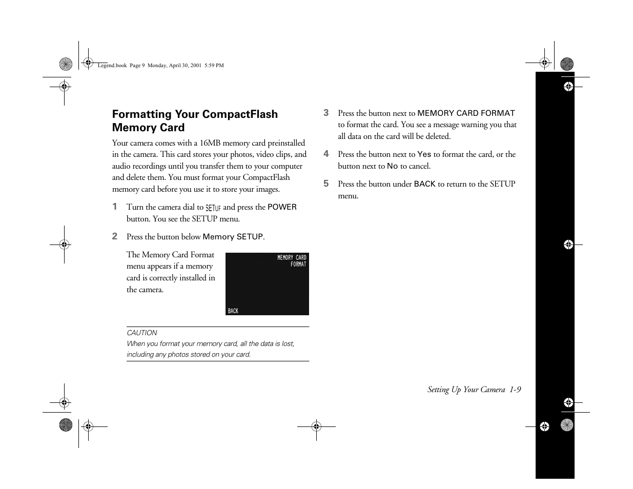 Formatting your compactflash memory card, Formatting your compactflash memory card -9 | Epson PhotoPC 3100Z User Manual | Page 22 / 193