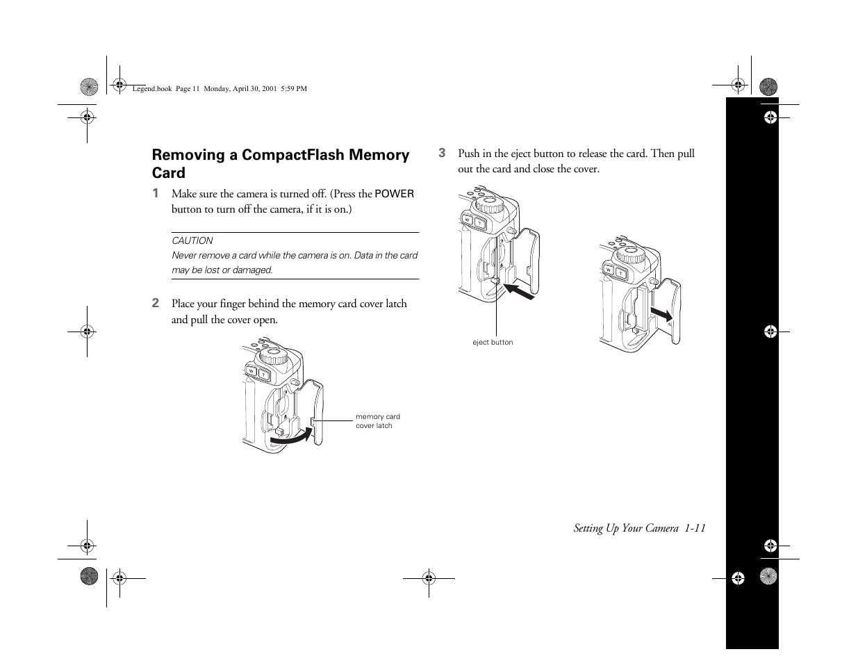 Removing a compactflash memory card | Epson PhotoPC 3100Z User Manual | Page 24 / 193
