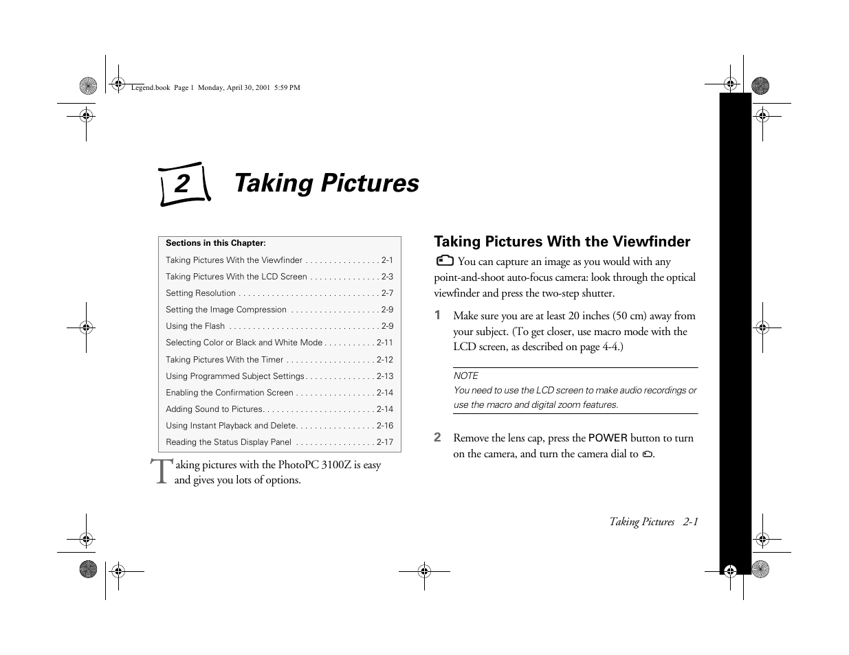 Chap 2-taking pictures, Taking pictures with the viewfinder, Taking pictures | 2 taking, Pictures, Ab usi ng y o ur camera | Epson PhotoPC 3100Z User Manual | Page 26 / 193
