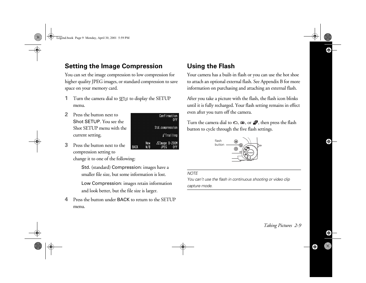 Setting the image compression, Using the flash | Epson PhotoPC 3100Z User Manual | Page 34 / 193