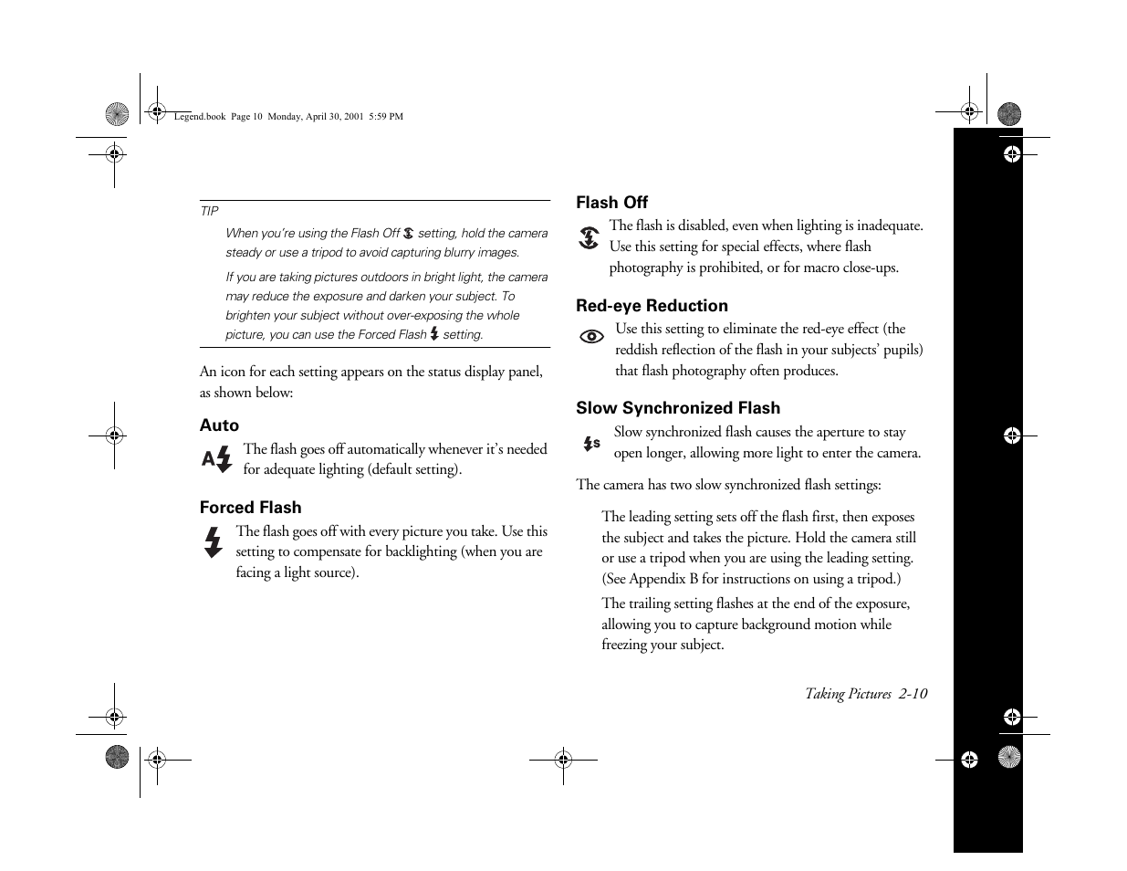 Auto, Forced flash, Flash off | Red-eye reduction, Slow synchronized flash, Auto 2-10 forced flash | Epson PhotoPC 3100Z User Manual | Page 35 / 193