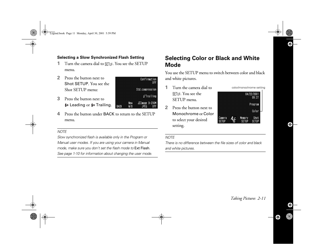 Selecting color or black and white mode | Epson PhotoPC 3100Z User Manual | Page 36 / 193