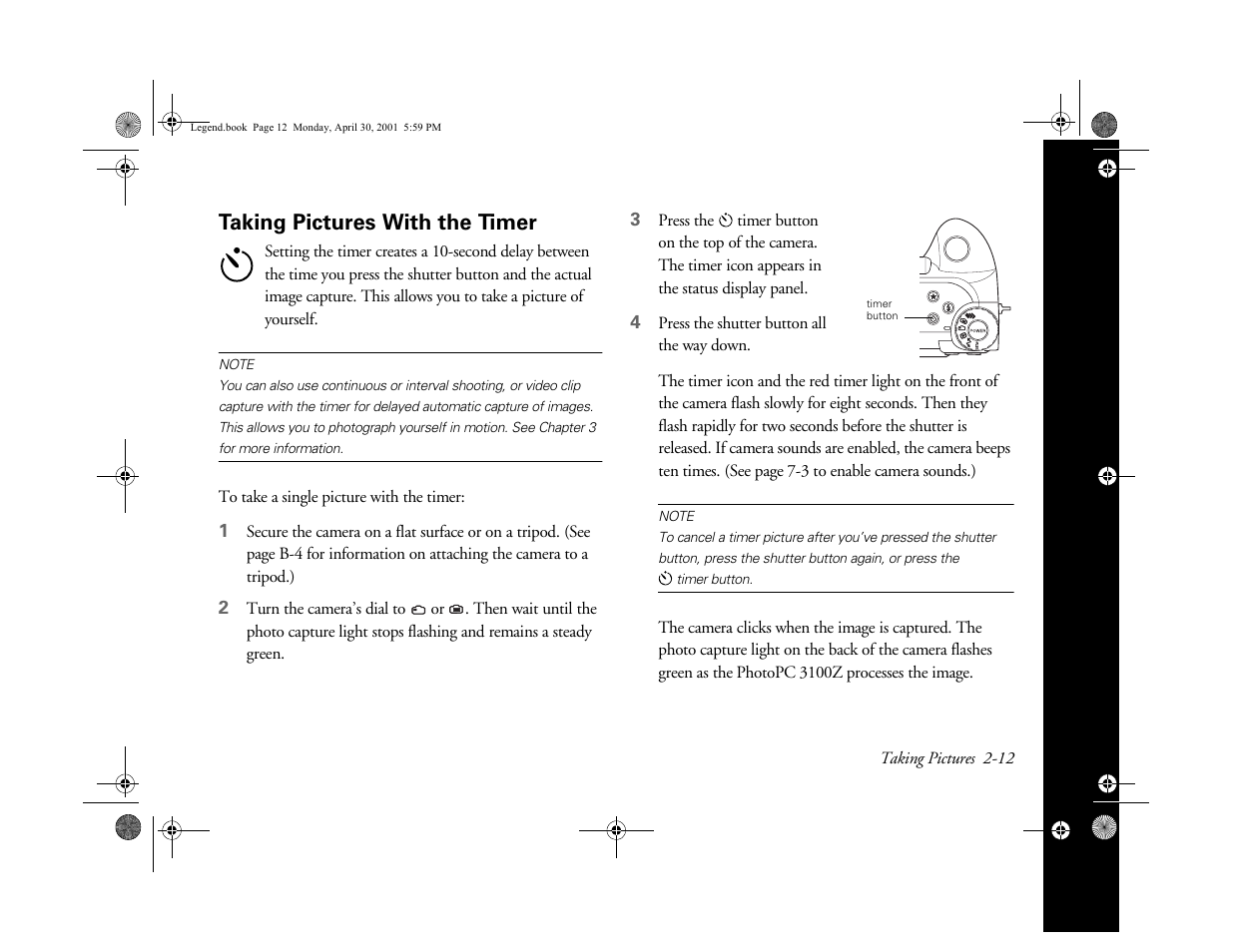 Taking pictures with the timer | Epson PhotoPC 3100Z User Manual | Page 37 / 193