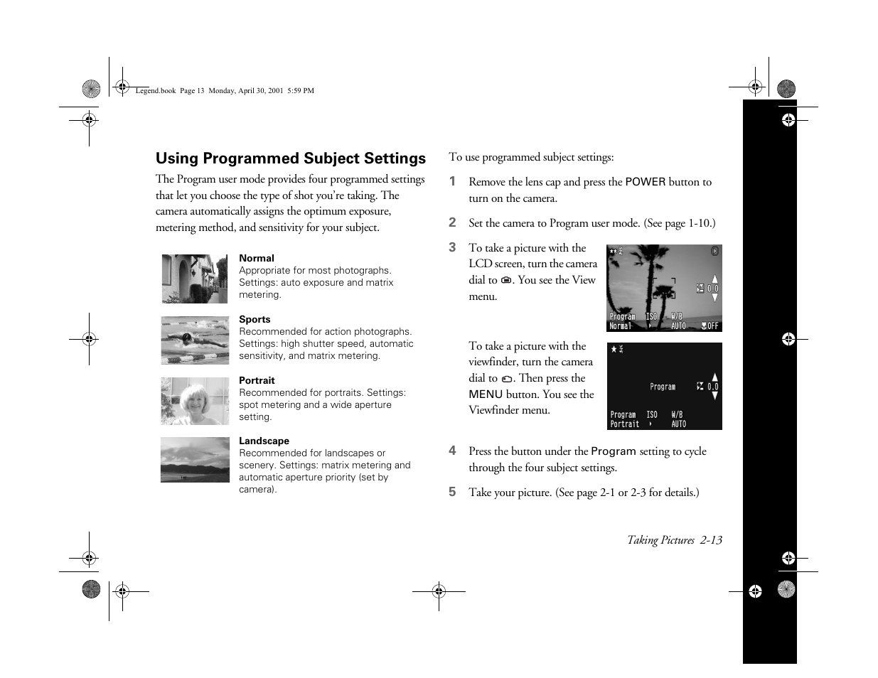 Using programmed subject settings | Epson PhotoPC 3100Z User Manual | Page 38 / 193