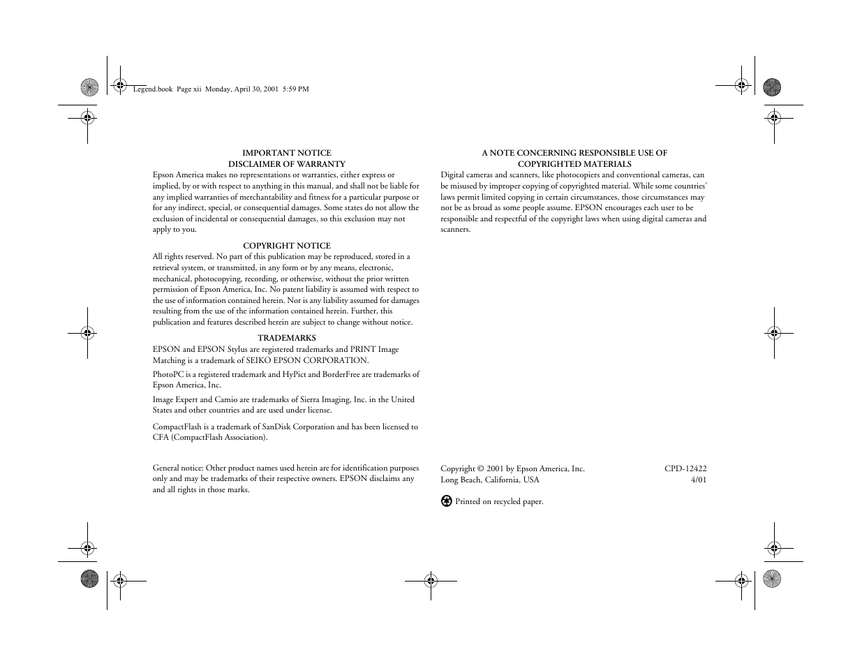 Important notice - disclaimer of warranty, Copyright notice, Trademarks | Epson PhotoPC 3100Z User Manual | Page 4 / 193