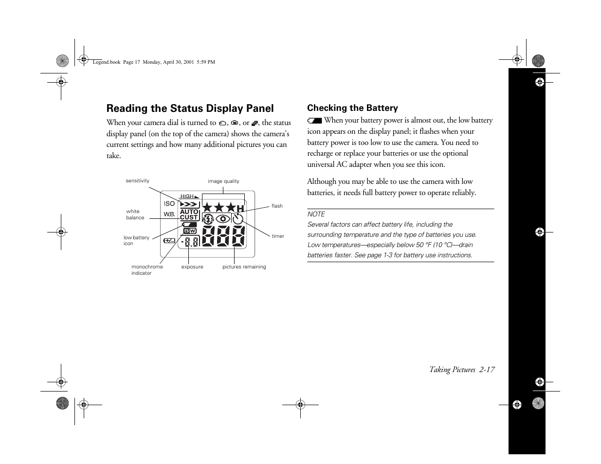 Reading the status display panel, Checking the battery | Epson PhotoPC 3100Z User Manual | Page 42 / 193