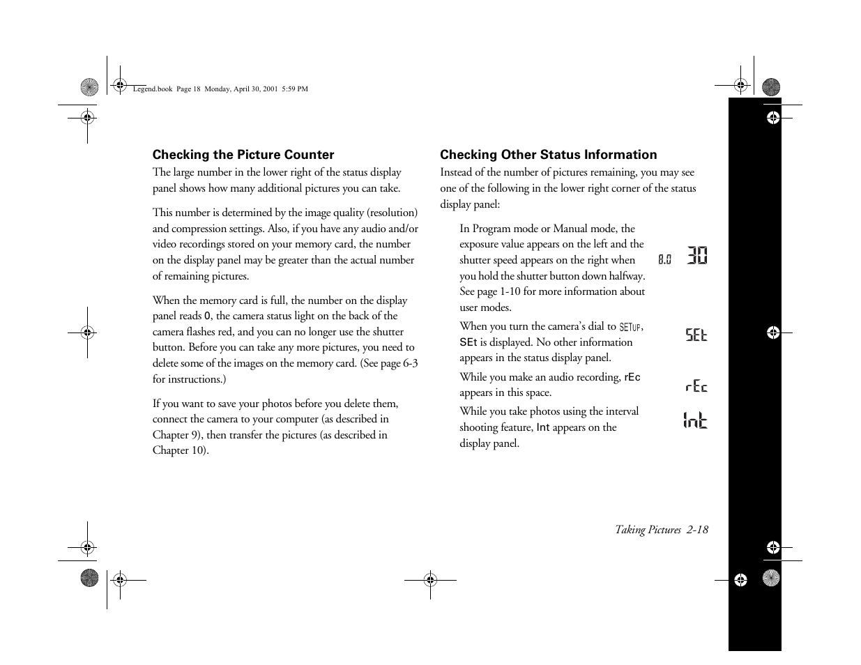 Checking the picture counter, Checking other status information | Epson PhotoPC 3100Z User Manual | Page 43 / 193