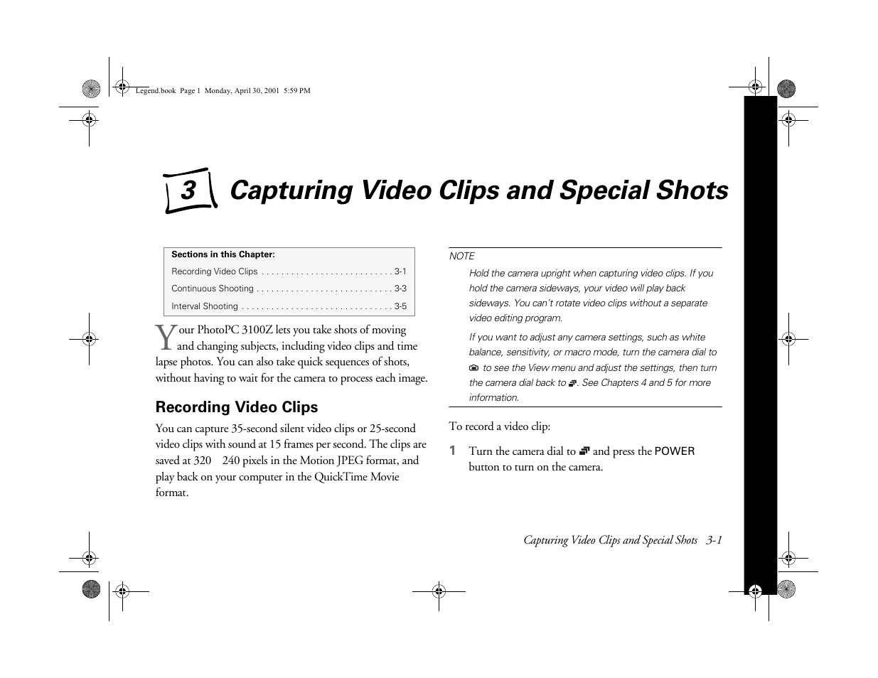 Chap 3-capturing video clips and special shots, Recording video clips, Capturing video clips and special shots | Chapter 3, Ab usi ng y o ur camera | Epson PhotoPC 3100Z User Manual | Page 44 / 193