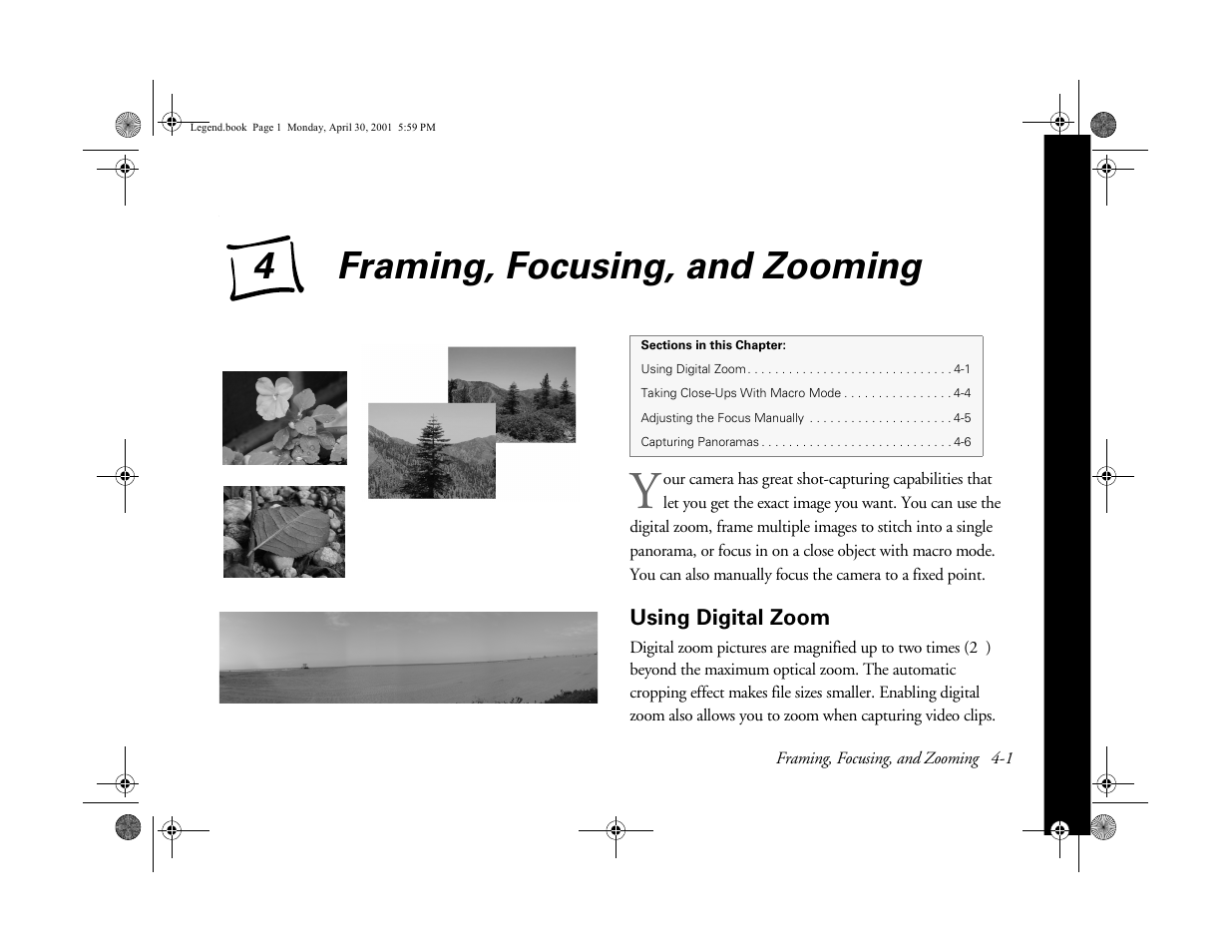 Using digital zoom, Chap 4-framing, focusing, and zooming, Framing, focusing, and zooming | Ters 4 an, Ab usi ng y o ur camera | Epson PhotoPC 3100Z User Manual | Page 50 / 193