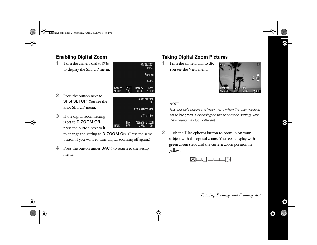 Enabling digital zoom, Taking digital zoom pictures | Epson PhotoPC 3100Z User Manual | Page 51 / 193