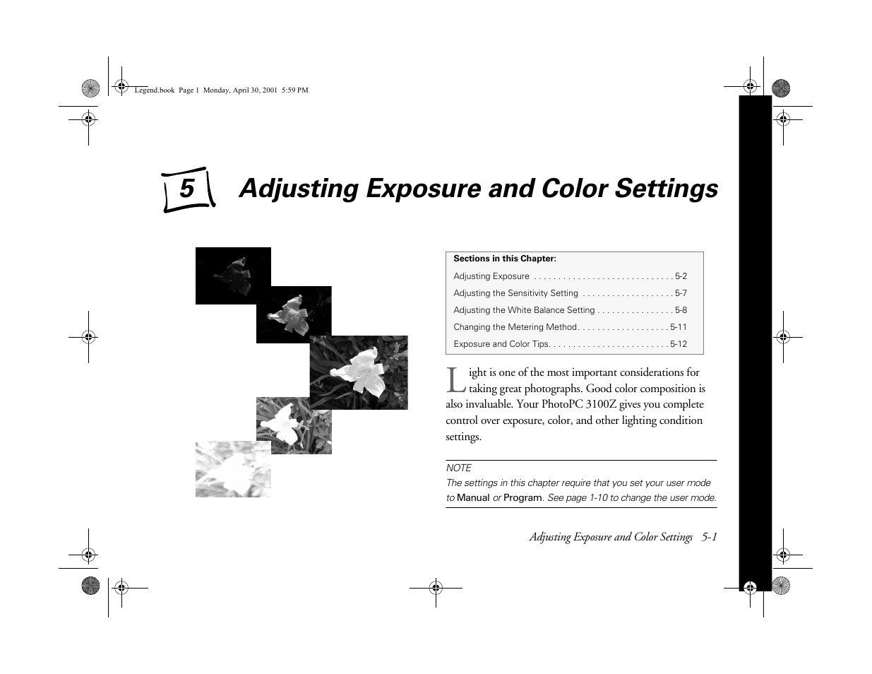 Chap 5-adjusting exposure and color settings, Adjusting exposure and color settings, D 5 fo | Ab usi ng y o ur camera | Epson PhotoPC 3100Z User Manual | Page 58 / 193