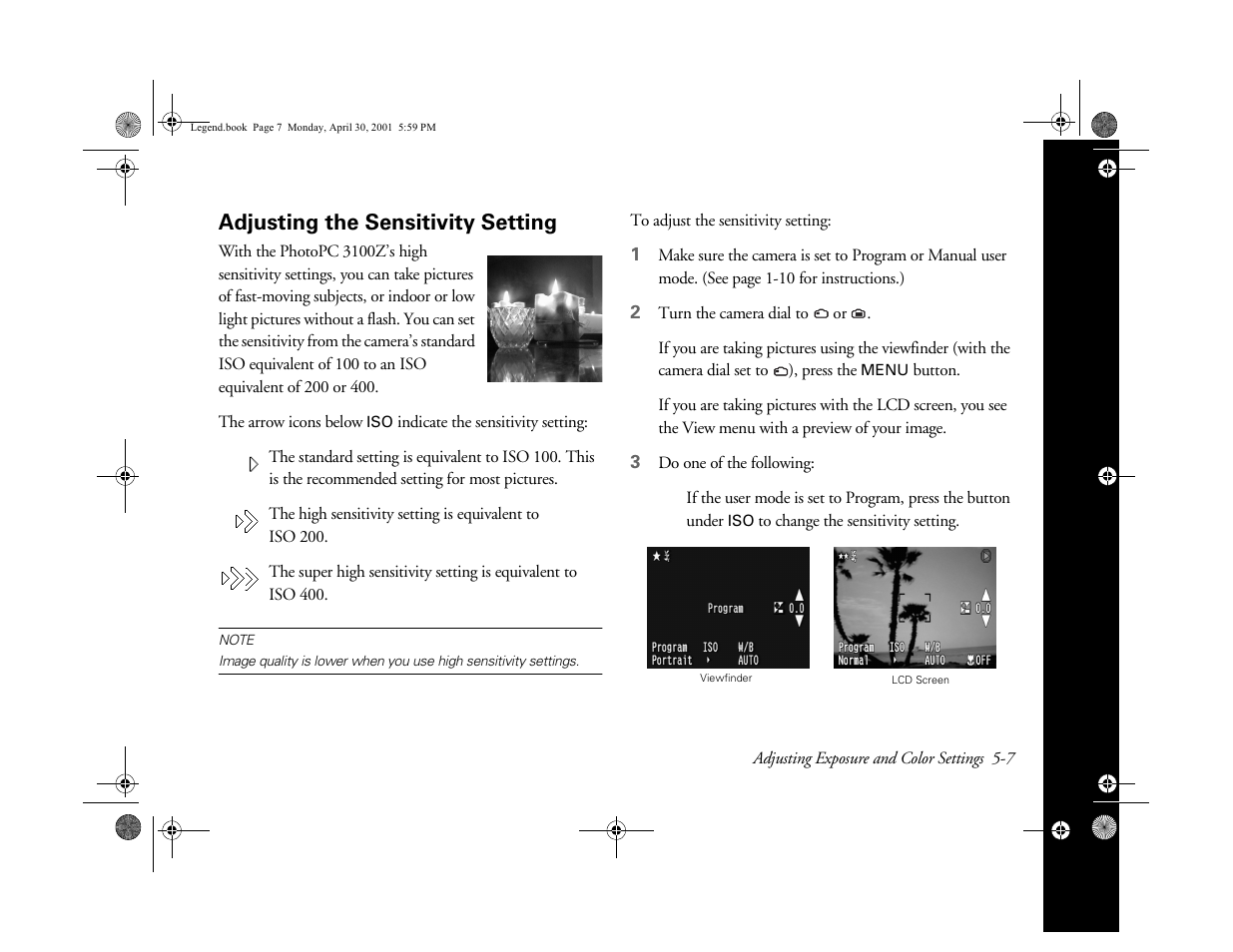 Adjusting the sensitivity setting | Epson PhotoPC 3100Z User Manual | Page 64 / 193