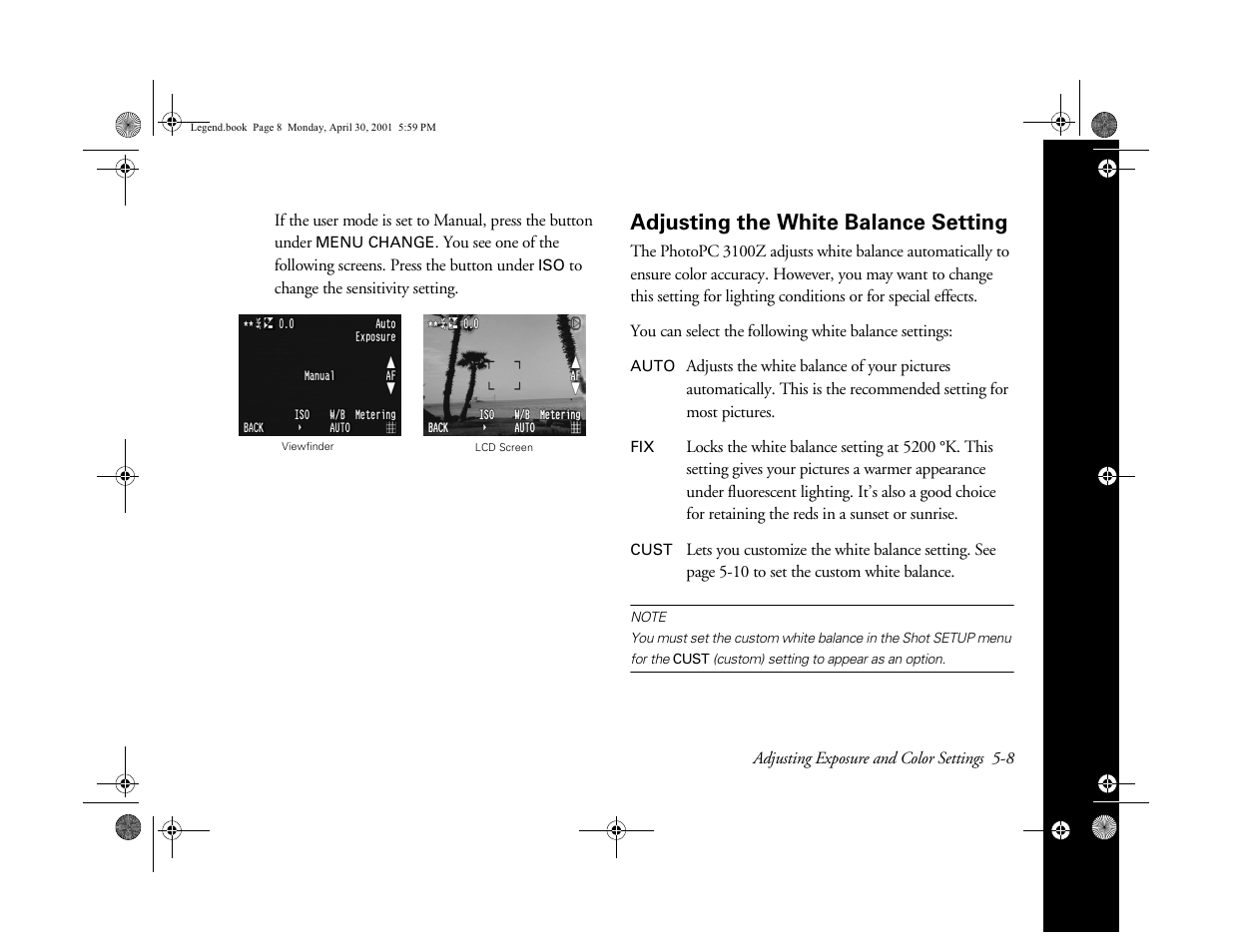 Adjusting the white balance setting | Epson PhotoPC 3100Z User Manual | Page 65 / 193