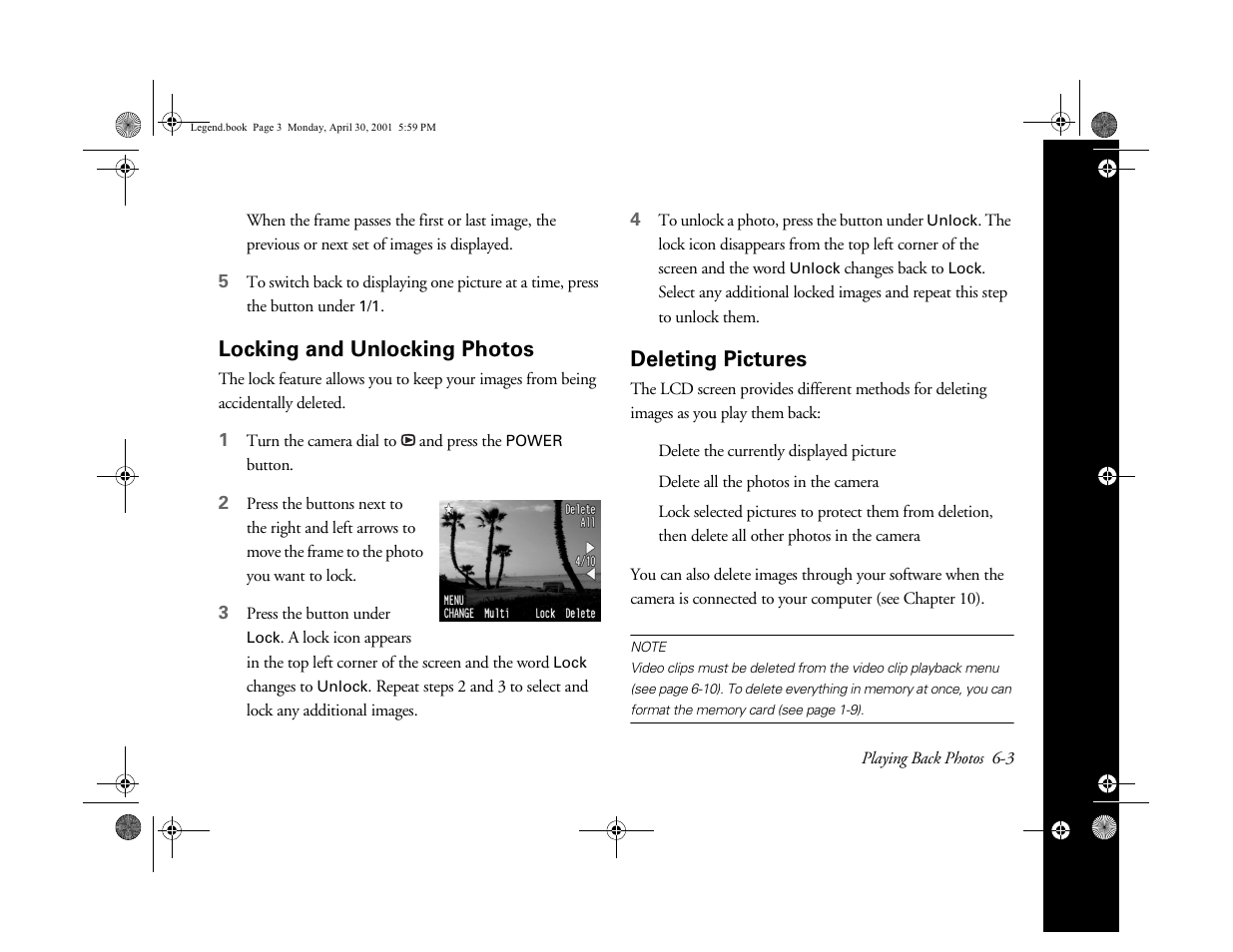 Locking and unlocking photos, Deleting pictures | Epson PhotoPC 3100Z User Manual | Page 73 / 193