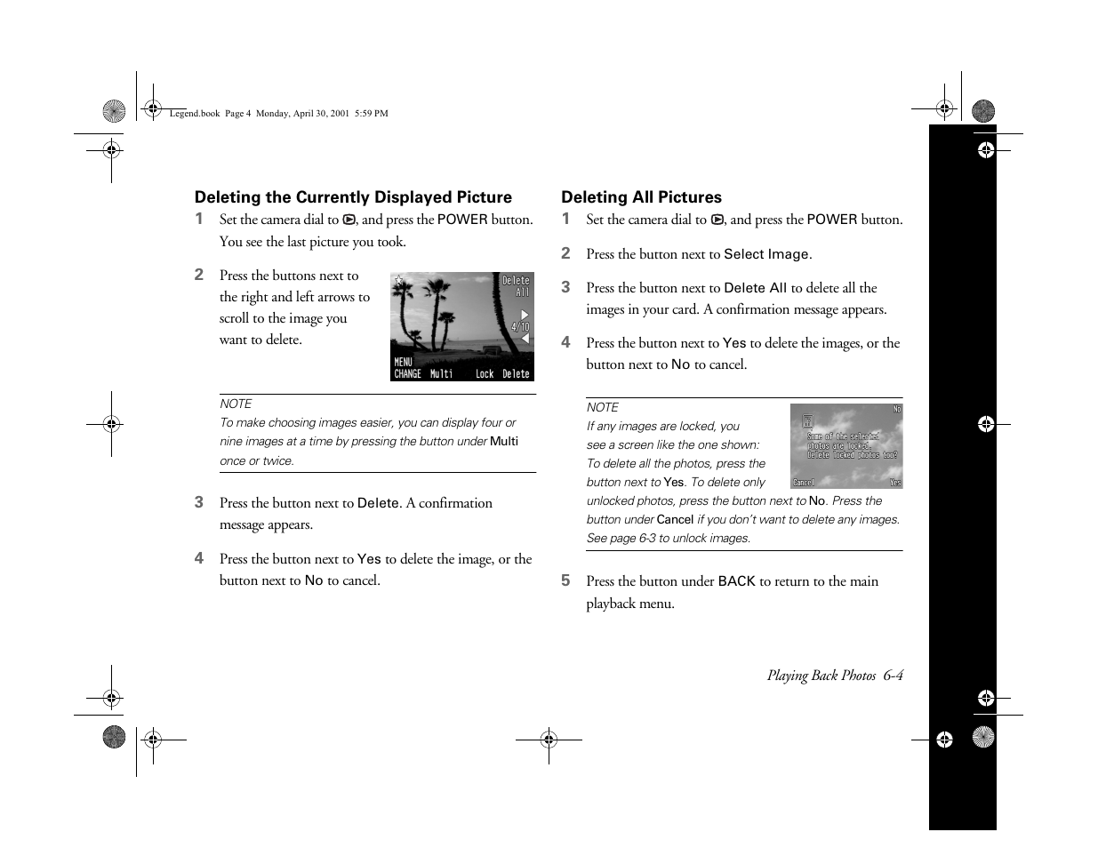 Deleting the currently displayed picture, Deleting all pictures | Epson PhotoPC 3100Z User Manual | Page 74 / 193