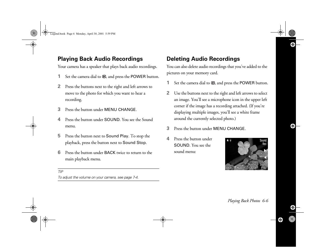 Playing back audio recordings, Deleting audio recordings | Epson PhotoPC 3100Z User Manual | Page 76 / 193