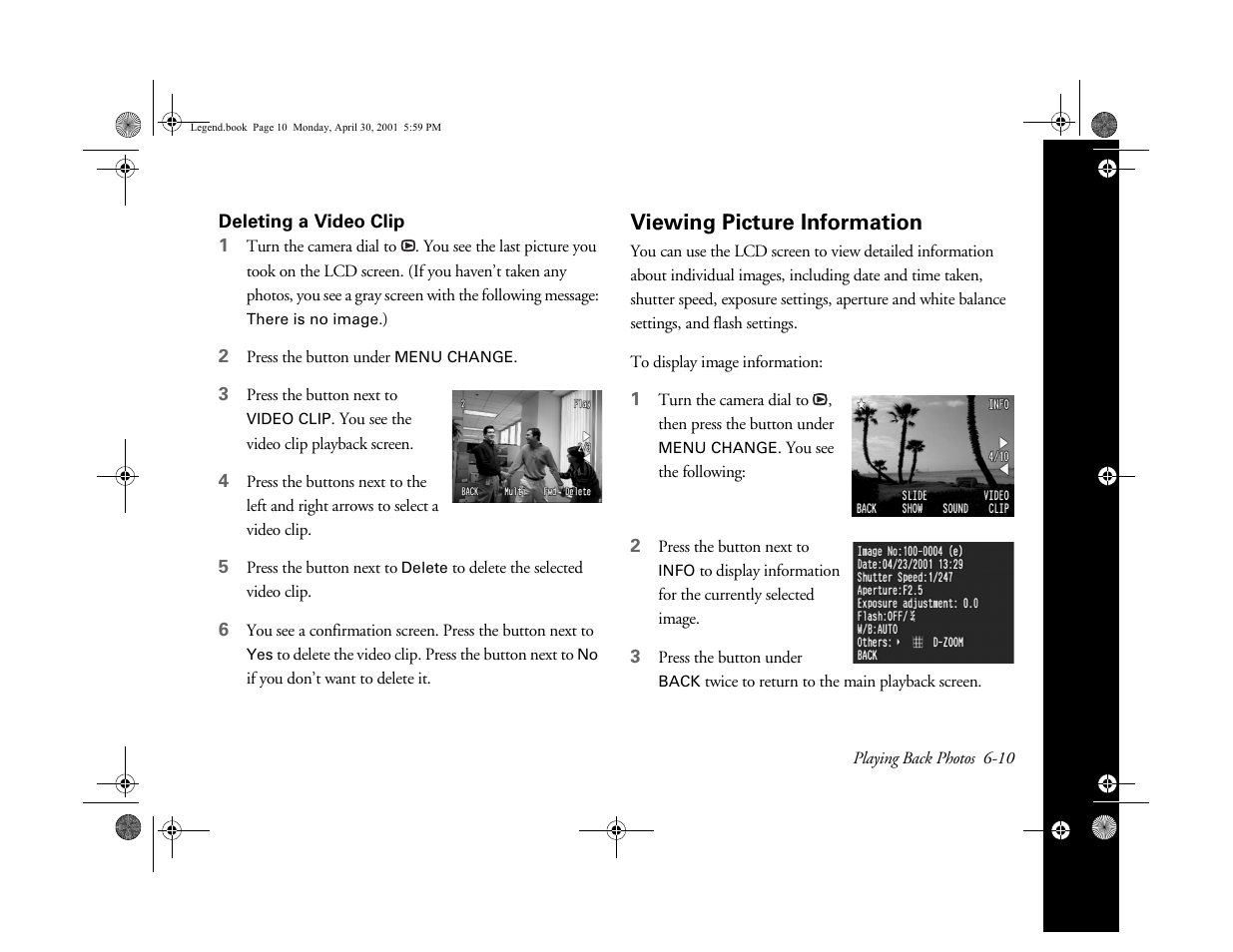 Deleting a video clip, Viewing picture information | Epson PhotoPC 3100Z User Manual | Page 80 / 193