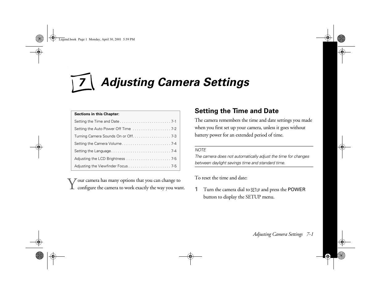 Setting the time and date, Chap 7-adjusting camera settings, Adjusting camera settings | Chapter 7 for in, Ab usi ng y o ur camera | Epson PhotoPC 3100Z User Manual | Page 82 / 193