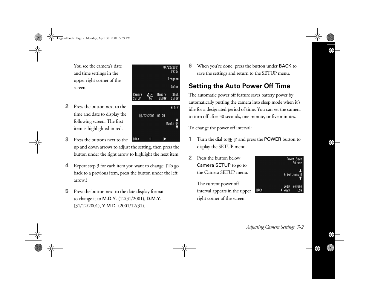 Setting the auto power off time | Epson PhotoPC 3100Z User Manual | Page 83 / 193