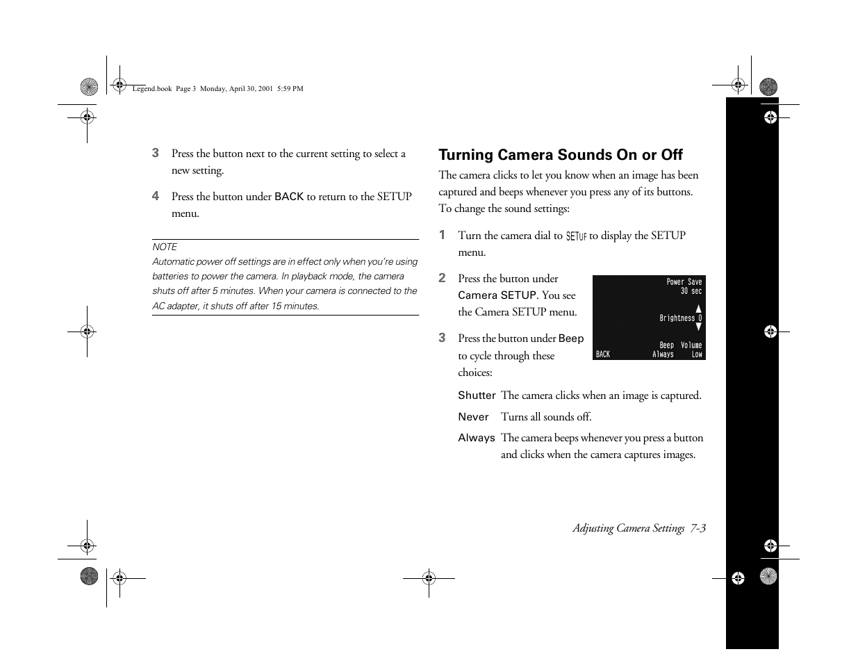 Turning camera sounds on or off | Epson PhotoPC 3100Z User Manual | Page 84 / 193