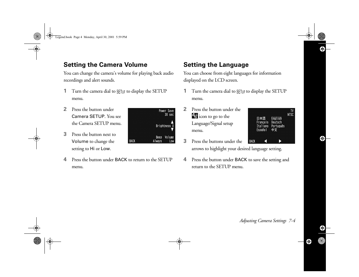 Setting the camera volume, Setting the language | Epson PhotoPC 3100Z User Manual | Page 85 / 193