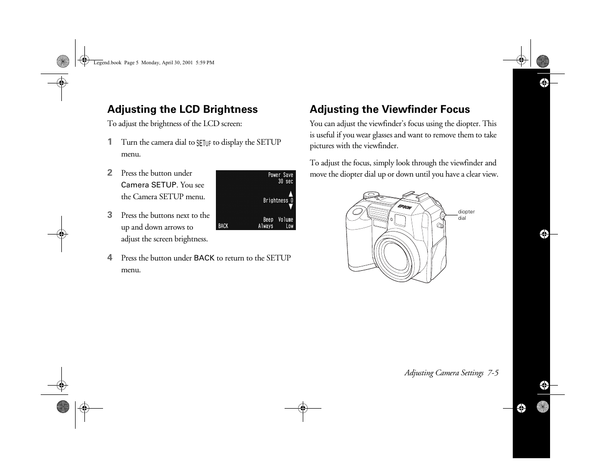 Adjusting the lcd brightness, Adjusting the viewfinder focus | Epson PhotoPC 3100Z User Manual | Page 86 / 193