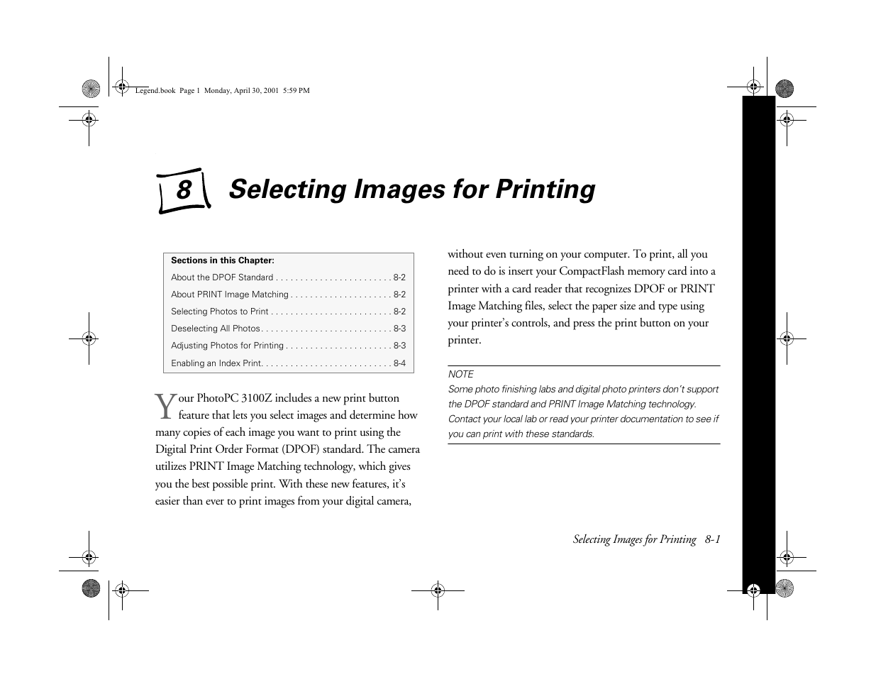 Chap 8-selecting images for printing, Selecting images for printing, E chapter 8 f | Ab usi ng y o ur camera | Epson PhotoPC 3100Z User Manual | Page 87 / 193