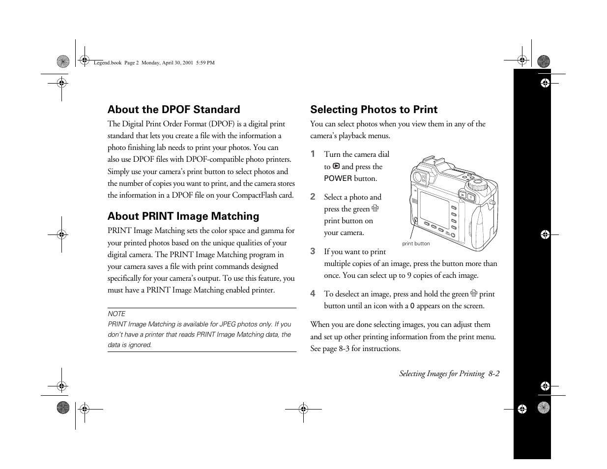 About the dpof standard, About print image matching, Selecting photos to print | Epson PhotoPC 3100Z User Manual | Page 88 / 193