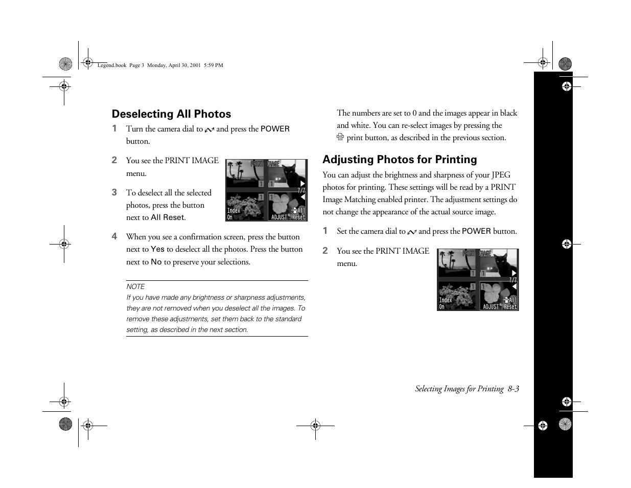 Deselecting all photos, Adjusting photos for printing | Epson PhotoPC 3100Z User Manual | Page 89 / 193