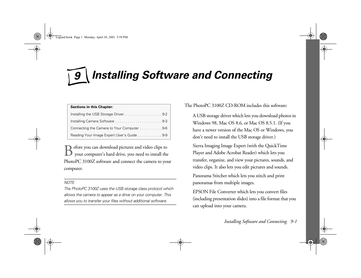 Chap 9-installing software and connecting, Installing software and connecting, Chapter 9 f | Chapter 9), Ab usi ng y o ur camera | Epson PhotoPC 3100Z User Manual | Page 92 / 193