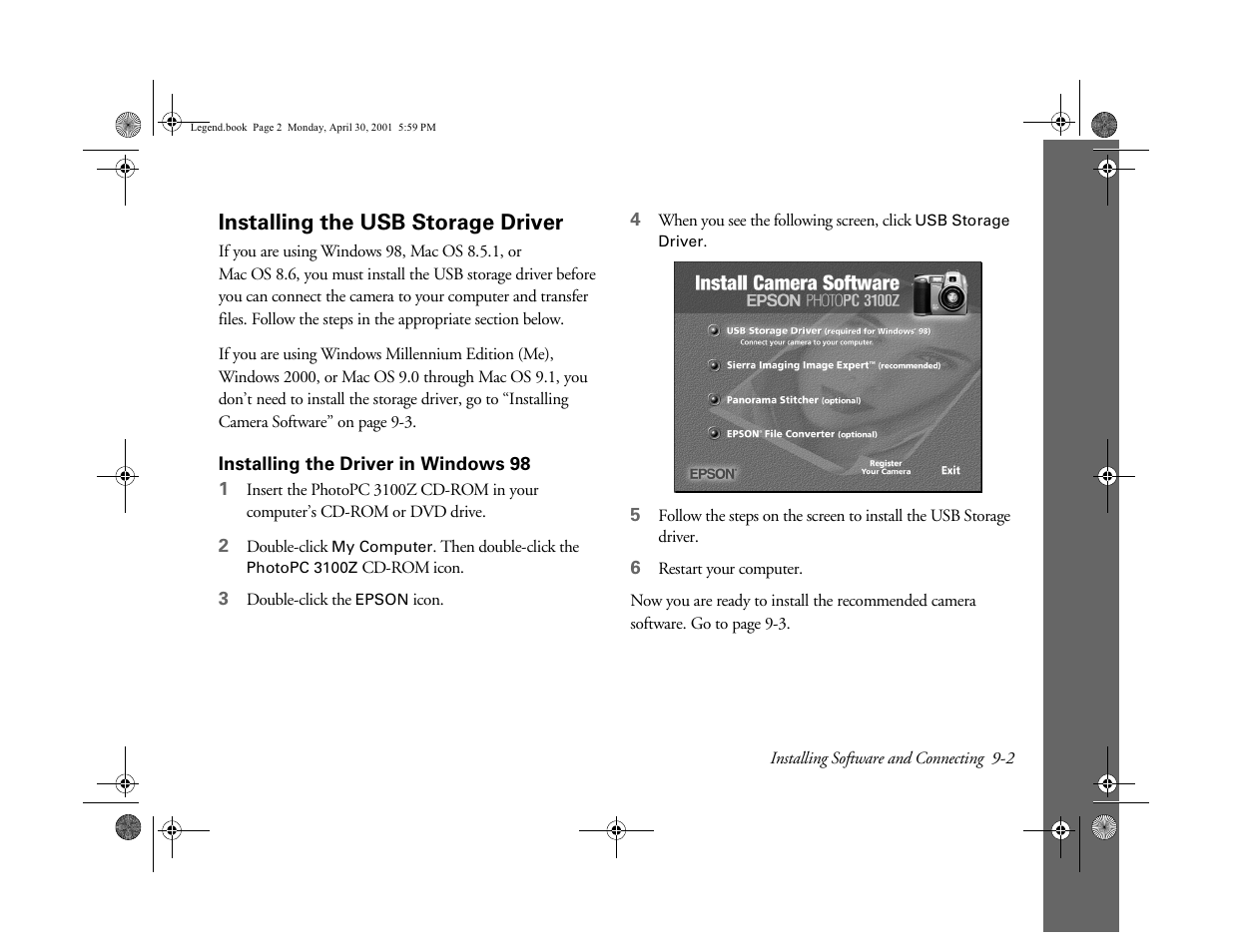 Installing the usb storage driver, Installing the driver in windows 98 | Epson PhotoPC 3100Z User Manual | Page 93 / 193