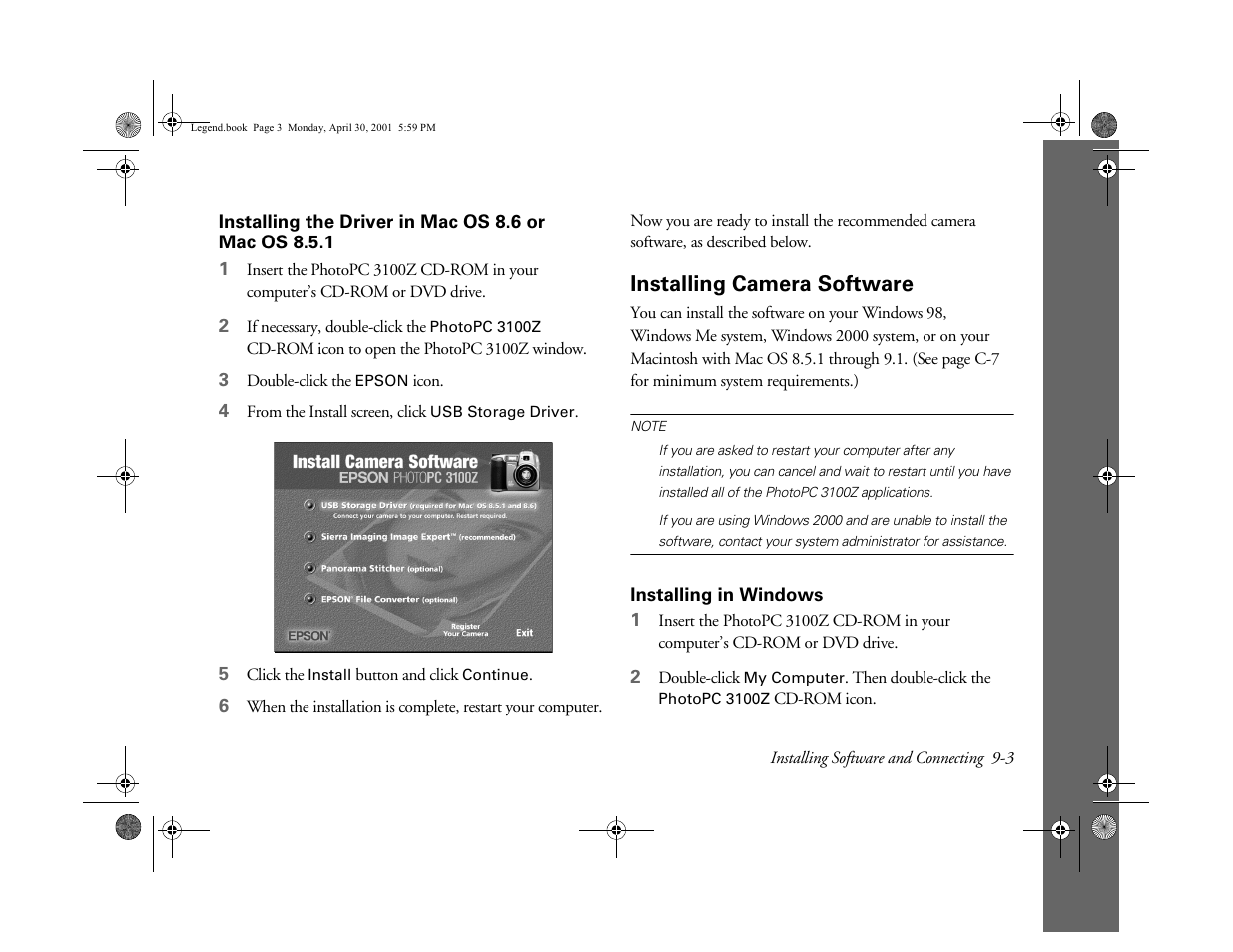 Installing camera software, Installing in windows, Installing the driver in mac os 8.6 | Or mac os 8.5.1 | Epson PhotoPC 3100Z User Manual | Page 94 / 193