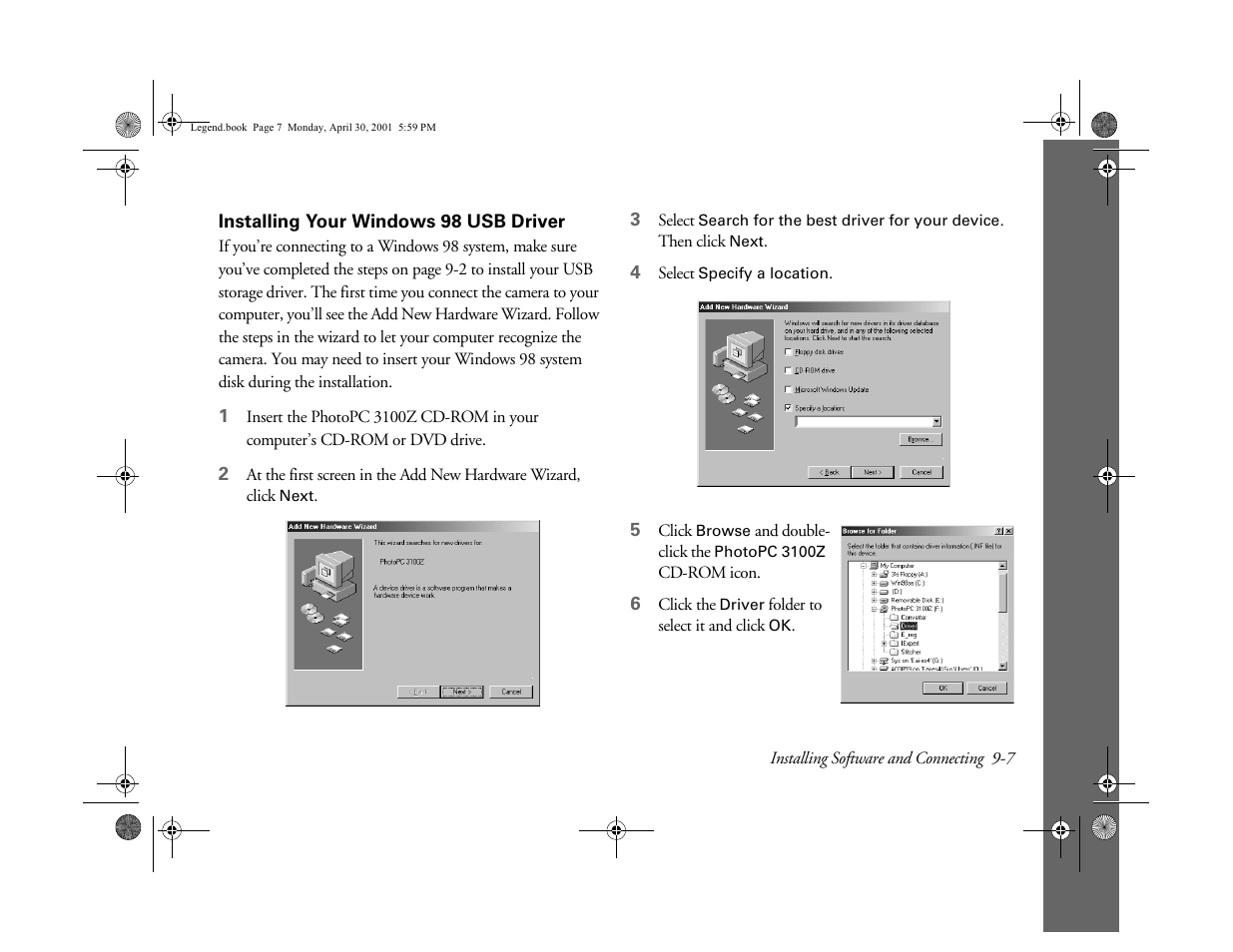 Installing your windows 98 usb driver | Epson PhotoPC 3100Z User Manual | Page 98 / 193