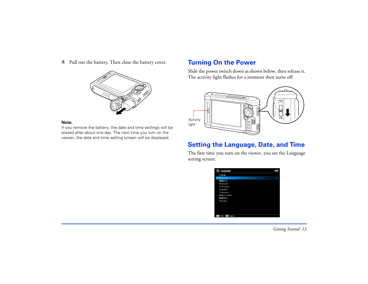 Turning on the power, Setting the language, date, and time | Epson Multimedia Photo Viewer P-6000 User Manual | Page 13 / 97